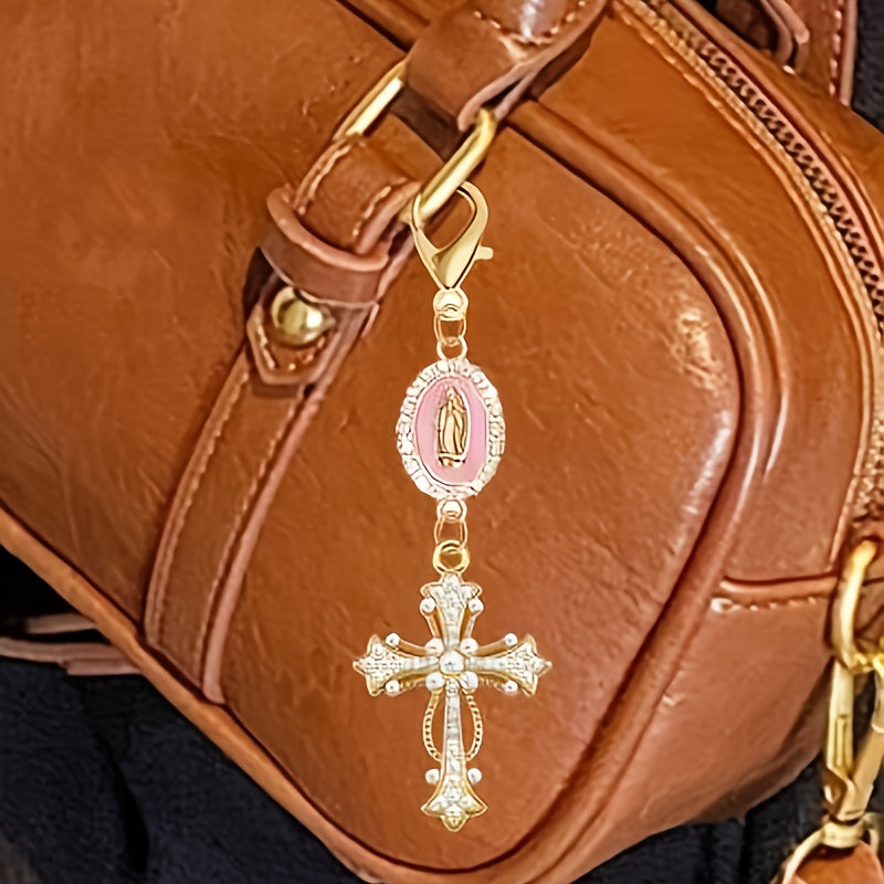 Christian Cross Pearl Diamond Keychain  Romantic Zinc Alloy Bag Charm  Gift